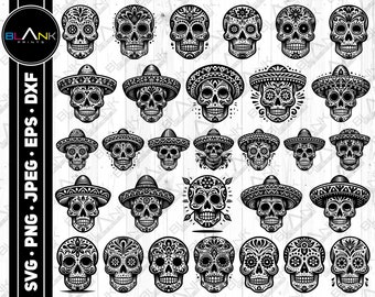 Paquete de imágenes SVG de calaveras de azúcar mexicanas, imágenes prediseñadas del Cinco de Mayo (descarga digital)