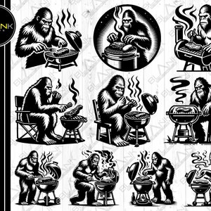 Może przedstawiać: Cyfrowa ilustracja przedstawiająca Bigfoota grilującego różne potrawy na grillu. Bigfoot jest przedstawiony w różnych pozach, w tym siedzącego, stojącego i gotującego. Ilustracja jest czarno-biała.