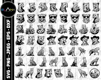 Cheetah Clipart Bundle: Cowboy Hat, Sunglasses, Flowers (svg, png, jpg, eps, dxf)