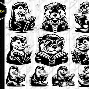 May include: A set of ten black and white illustrations of otters reading books. The otters are in various poses, some sitting, some standing, and some lying down. All of the otters are holding books in their paws.