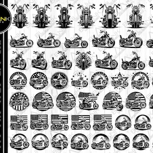 May include: A collection of 48 black and white motorcycle illustrations. The motorcycles are in various poses, including riding, standing, and with flags. The illustrations are perfect for use in digital designs, crafts, and other creative projects.
