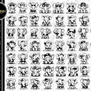 May include: A collection of black and white cartoon elephant illustrations in various poses. The elephants are wearing hats, sunglasses, and casual clothing. The image includes the text "SVG . PNG . JPEG . EPS . DXF" and the logo "BLANK PRINTS".