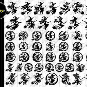 witch bundle svg png jpeg eps dxf bundle silhouette clipart cricut vector commercial use custom witch riding broomstick halloween haunted