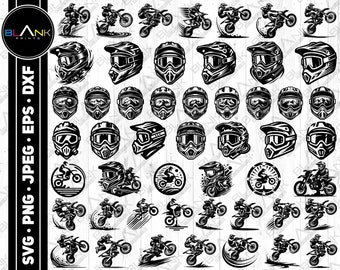 May include: A set of 40 black and white motocross helmet and rider silhouette vector graphics. The graphics include helmets, riders, and motorcycles. The graphics are perfect for use in designs, prints, and crafts.