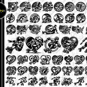 Puede incluir: Una colección de gráficos en blanco y negro con temática de roller derby. Los diseños incluyen patinadores en acción, estrellas, corazones y emblemas circulares. La imagen también incluye el texto "BLANK PRINTS" e información de tipo de archivo: SVG, PNG, JPEG, EPS y DXF.