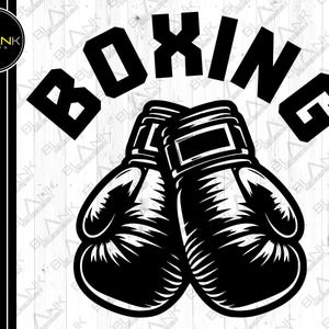Puede incluir: Ilustración en blanco y negro de un par de guantes de boxeo con la palabra "BOXING" encima.