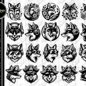 bundle renard svg png jpeg eps dxf bundle silhouette cricut usage commercial personnalisé renard animal fleurs casque pirates lunettes de soleil bundle svg