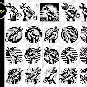 May include: A set of 12 black and white digital design files featuring a fist holding a wrench. The designs include a variety of backgrounds, including a sunset, an American flag, and a star.