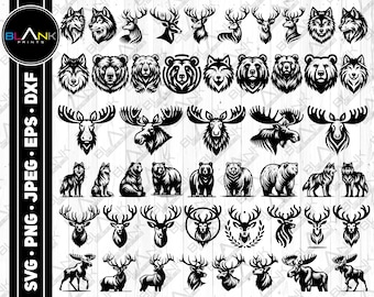 Wildlife Animal SVG Bundle: Deer, Moose, Bear, Wolf Silhouettes (Digital Download)
