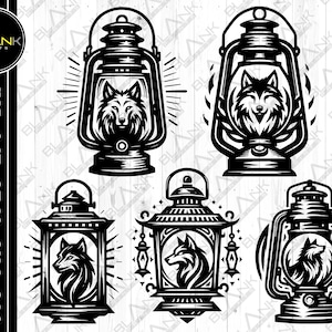 May include: Five black and white illustrations of lanterns with wolf heads inside. The lanterns have a vintage style and are perfect for a rustic or woodland theme.