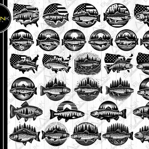 lot de poissons truite svg png jpeg eps dxf lot silhouette cricut clipart usage commercial personnalisé truite usa carte drapeau montagne forêt poisson svg