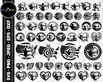 Könnte beinhalten: Ein Set mit 36 schwarzen und weißen SVG-Schnittdateien mit Bogenschießdesigns. Die Designs beinhalten Bogenschützen mit Bogen und Pfeilen, Zielscheiben, Herzen und US-Flaggen.