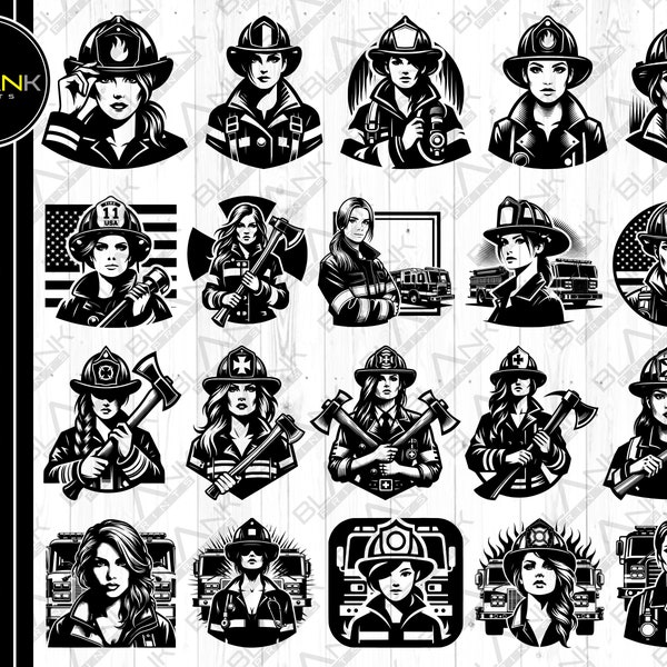 woman firefighter bundle svg png jpeg eps dxf bundle silhouette clipart cricut vector commercial use custom girl firefighter axe fire truck