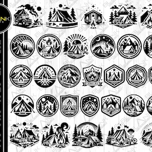 May include: A set of 36 black and white camping themed SVG cut files. The designs feature various camping scenes, including tents, campfires, mountains, trees, and stars. The text "Camping" appears on some of the designs.