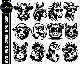 May include: A set of 12 black and white illustrations of various animals wearing sunglasses. The animals include a cow, donkey, horse, goat, sheep, duck, pig, cat, rabbit, rooster, and goose.