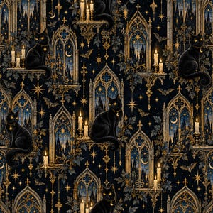 May include: A repeating fabric pattern featuring black cats with yellow eyes sitting on stone ledges. The design includes gothic arched windows, lit candles, flying bats, and golden stars against a dark blue and black background.