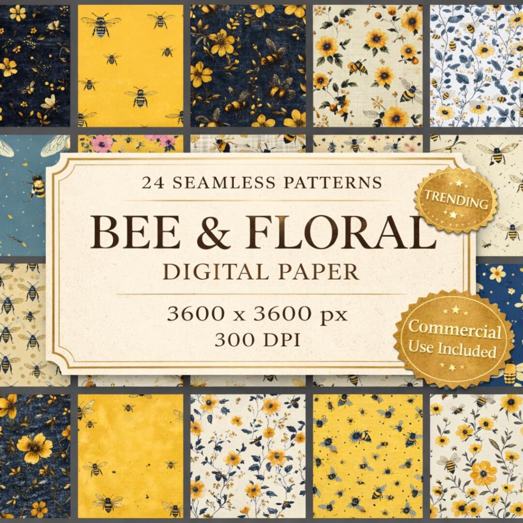 24 Bee Seamless Pattern Bundle, Honey Bee Floral Digital Paper ...
