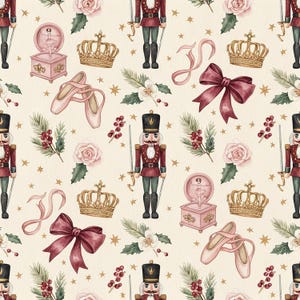 May include: A seamless pattern featuring watercolor illustrations of nutcrackers in red uniforms, pink ballet slippers, gold crowns, pink music boxes with ballerinas, dark red bows, pale pink roses, holly sprigs, and small gold stars on a cream background.
