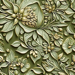 Op de afbeelding: Een naadloos patroon met driedimensionale, in reliëf gemaakte bloemmotieven in saliegroene en crèmekleurige tinten. Het ontwerp toont complexe gelaagde bloemblaadjes, gebogen bladeren en kleine knoppen met een gladde, gebeeldhouwde textuur.