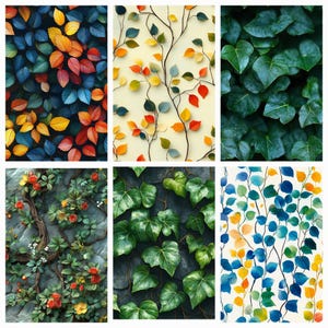 May include: A collage of nine different patterns featuring various shades of green, blue, yellow, and red leaves. The patterns are arranged in a grid format.