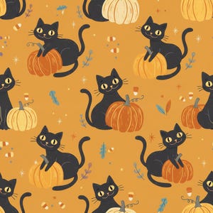May include: A repeating pattern on an orange background featuring black cats with yellow eyes sitting next to or on top of orange and cream-colored pumpkins, interspersed with small candy corn shapes, blue leaves, and tiny white starburst icons.