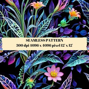 May include: A seamless floral pattern with a black backdrop. The design showcases colorful flowers and foliage in pink, orange, blue, and purple hues. The image text reads: SEAMLESS PATTERN 300 dpi 4096 x 4096 pixel 3.66m x 3.66m. The pattern is 3.66 meters by 3.66 meters.