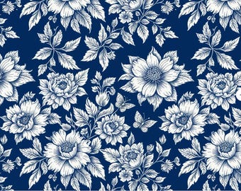 Niebieski kwiatowy bezszwowy wzór – botaniczny nadruk w stylu vintage na tkaniny, tapety i do rękodzieła