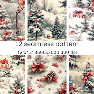 May include: Twelve seamless patterns featuring a winter wonderland scene with snow-covered trees, red and white gift boxes, and red bows. The background is a light cream color.