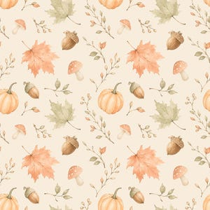 May include: A repeating pattern on a light cream background featuring watercolour illustrations of orange pumpkins, brown acorns, pale green maple leaves, small red-capped mushrooms with white spots, and thin branches with tiny round berries.