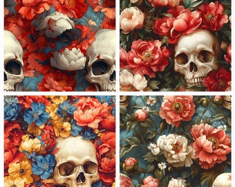 Colorful Floral and Skull Seamless Pattern for Fabric, Crafts, and Halloween
