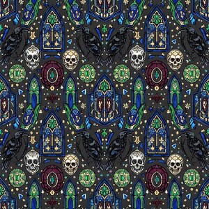 May include: A repeating pattern on a dark gray background featuring black ravens, white human skulls, and intricate stained glass window motifs in shades of blue, green, and gold, interspersed with small circular green and purple decorative elements.