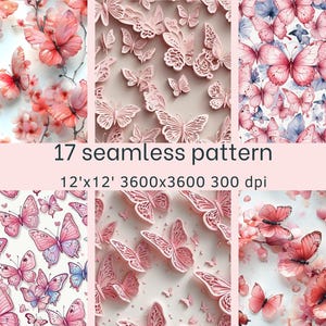 Puede incluir: Un conjunto de 17 patrones de papel digital sin costuras con mariposas rosas y diseños florales. Los patrones miden 30,48 cm por 30,48 cm y 3600 píxeles por 3600 píxeles a 300 ppp.