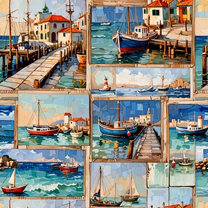 May include: A mosaic artwork showing a coastal scene with boats, docks, and buildings. The artwork features various boats, including sailboats and motorboats, in shades of red, blue, and white. Buildings with red tile roofs and docks are also visible.