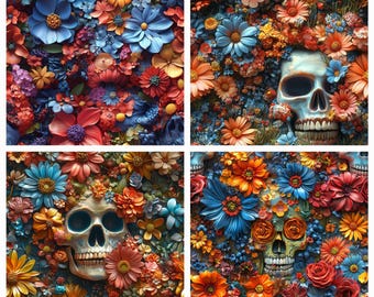 Colorful Floral and Skull Seamless Pattern for Fabric, Crafts, and Halloween