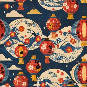 Może przedstawiać: Powtarzający się wzór czerwonych i białych japońskich lampionów z motywami kwiatowymi, na tle stylizowanych fal oceanu i chmur w odcieniach niebieskiego i kremowego. Projekt nawiązuje do tradycyjnej sztuki japońskiej.