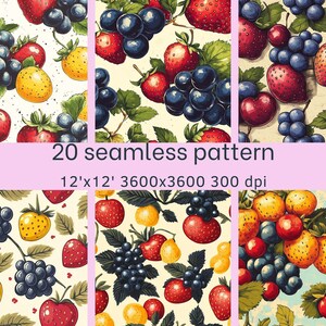 May include: 20 seamless patterns featuring a variety of fruits, including strawberries, blueberries, and yellow plums. The patterns are set against a cream-colored background.