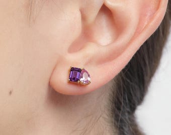 Toi et Moi Birthstone Stud Earrings:Solid Gold Personalized Gift
