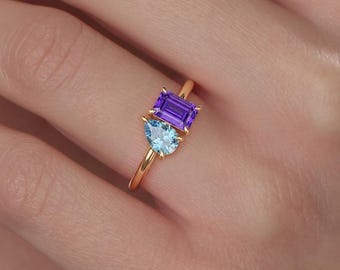Gold Vermeil Toi et Moi Ring, Custom Emerald and Pear Cut Birthstone Stone Ring