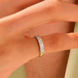 14k Gold Cluster Ring / Solid Gold Multi Stone Ring / Baguette and Round Moissanite Half Eternity Ring / Stackable Ring for Her
