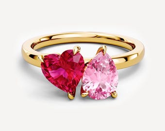 Heart & Pear Toi et Moi Birthstone Ring, Personalized Gift