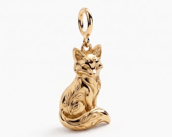 Sitting Fox Charm, Leaf-Etched Tail Pendant Charm, Gift For Her