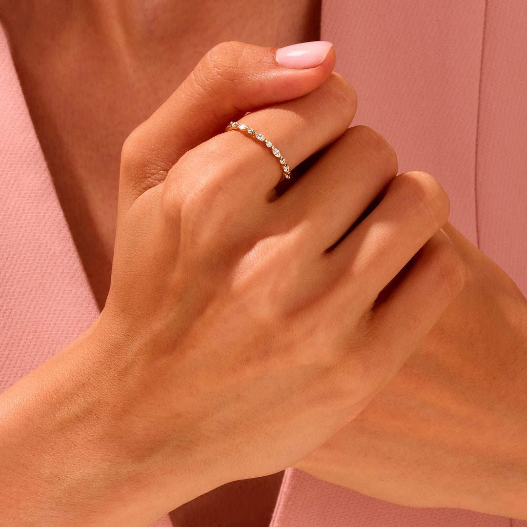Half Eternity Marquise Band Ring / Dainty Gold Band Ring / 10k, 14k ...