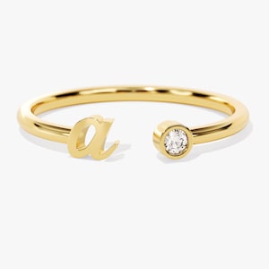 Anillo con inicial abierta / Anillo con inicial ajustable de oro de 14 k / Anillo con letras apilables / Anillo pequeño de oro macizo para mujer / Joyería personalizada