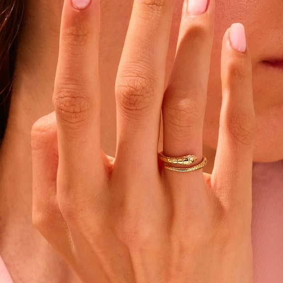 14k Gold Serpent Ring with Moissanites – Adjustable Wraparound Snake Stacking Ring
