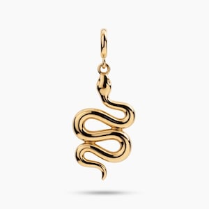 May include: A polished gold-toned metal pendant shaped like a coiled snake. The pendant features a smooth, reflective surface and includes a small circular jump ring at the top for attachment to a chain or cord, showcasing a sleek, continuous design.