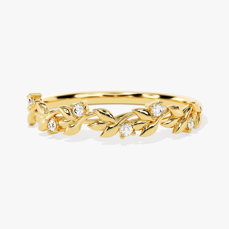 14k Gold Half Eternity Ring Band / Solid Gold Leaf Ring / Dainty Stacking Ring for Women / Minimalist Everyday Ring / Gold Pinky Ring image 3