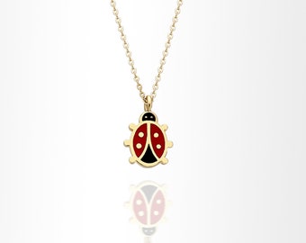 14K Gold Ladybug Chain Necklace, Dainty Ladybird Jewelry, Tiny Insect Necklace, Good Luck Charm Bridal Gift, Fine Jewelry Summer Necklace