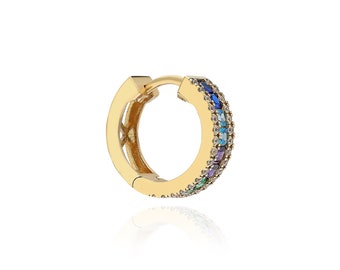 14K Gold Multicolor Stone Hoop Earring, Colored Stone Huggie Hoop Earrings for Women, Dainty Rainbow Earring, Fine Jewelry Gift For Her