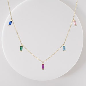 14K Solid Gold Necklace with Colored Drop Stones, Rainbow Necklace for Christmas, Multicolor Layered Necklace, Birthstone Gift for Her