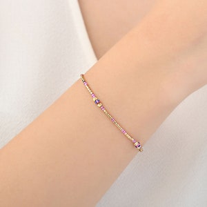14K Gold Amethyst Bracelet, February Birthstone Bracelet, Dainty Solid Gold Bracelet, Gemstone Jewelry Gift for Mom, Best Gift for Her